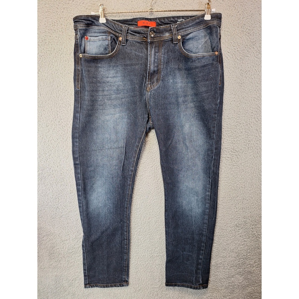M B X Jeans Mens 36x30 (Fits 37x29) Blue Denim Faded 4 Way Stretch Straight Leg